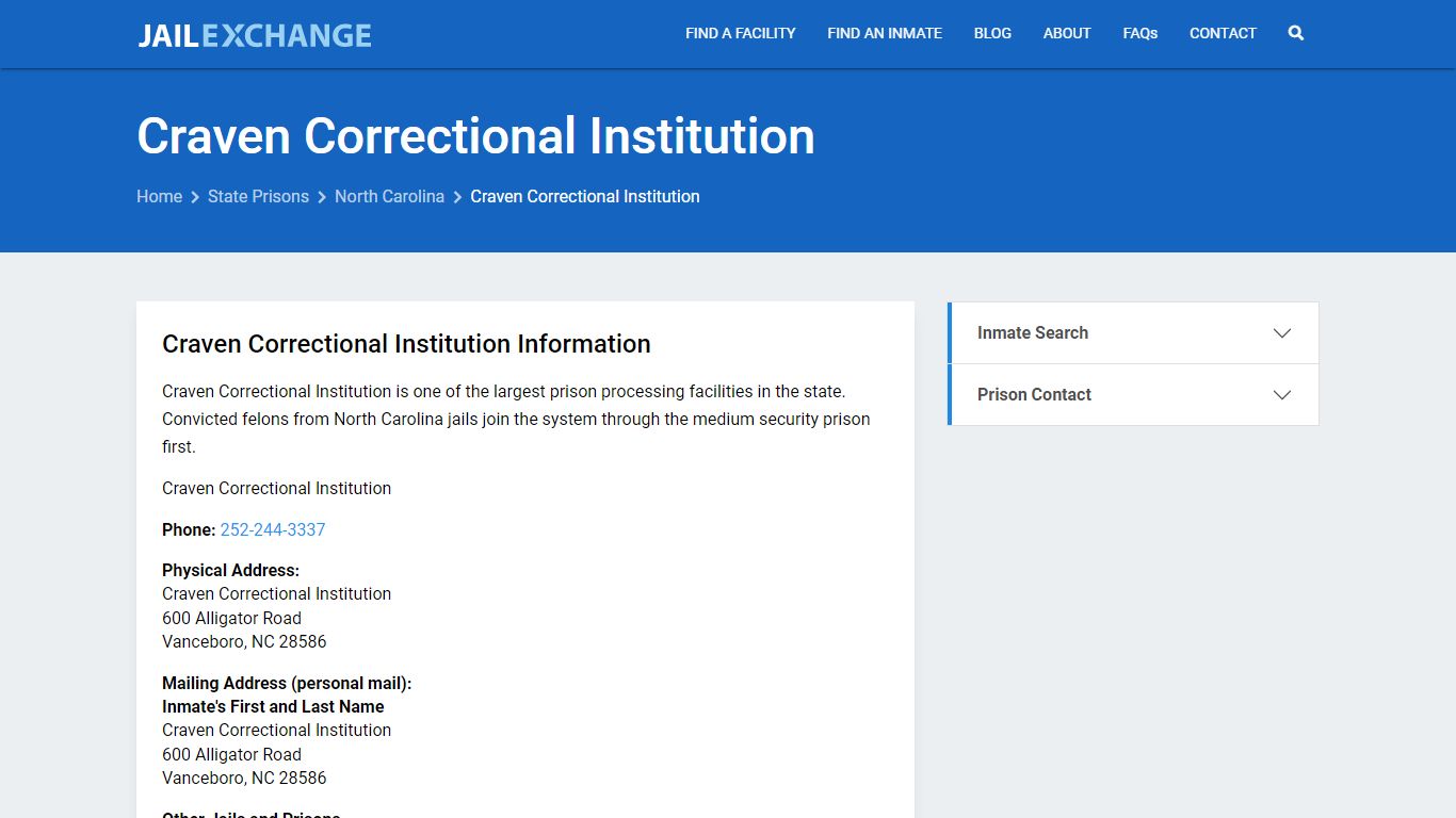 Craven Correctional Institution Inmate Search, NC - Jail Exchange